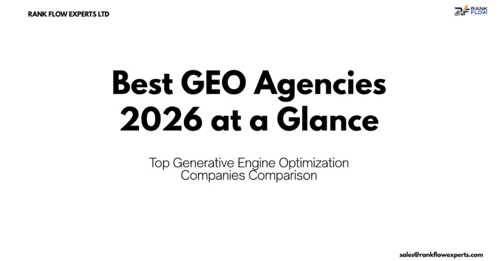 Comparison table showing top GEO services agencies at a glance for Generative Engine Optimization in 2026.