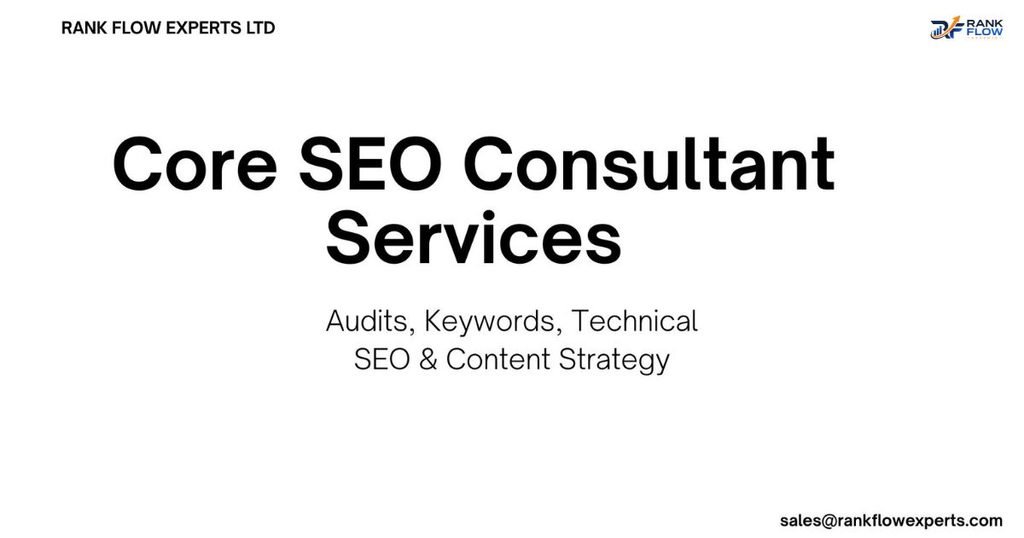 Visual breakdown of core services provided by a search engine optimization consultant including SEO audits and strategy.