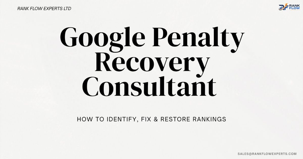 Google Penalty Recovery Consultant banner detailing steps to identify, fix penalties, and restore organic search rankings.