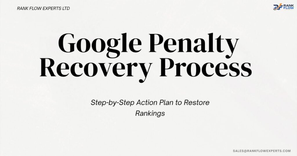 Infographic illustrating a step-by-step Google penalty recovery process to fix issues and restore rankings.
