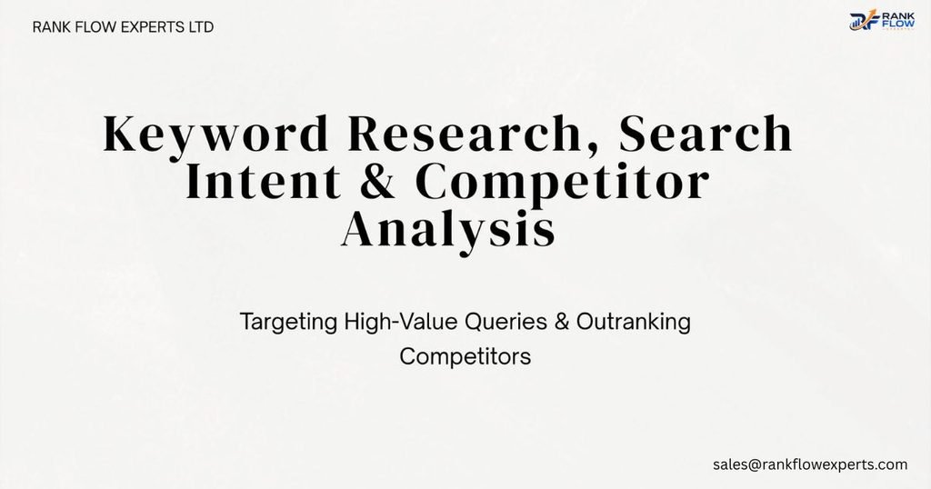 Diagram showing keyword research, user search intent analysis, and competitor benchmarks for SEO optimization.