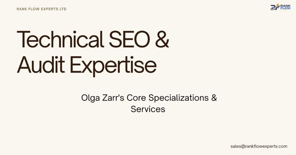 Infographic outlining Olga Zarr's expertise in technical SEO analysis and comprehensive website SEO audits.