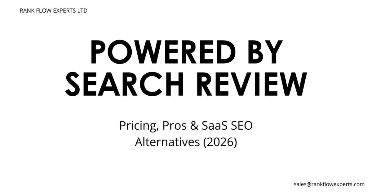 Powered by Search Review 2026 showing B2B SaaS marketing services, pricing, pros, and cons.