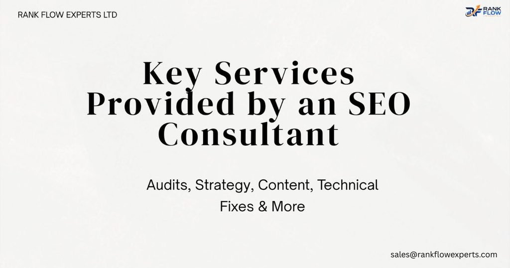 Infographic listing common services an SEO consultant provides, such as keyword research, audits, technical optimization, and content strategy.